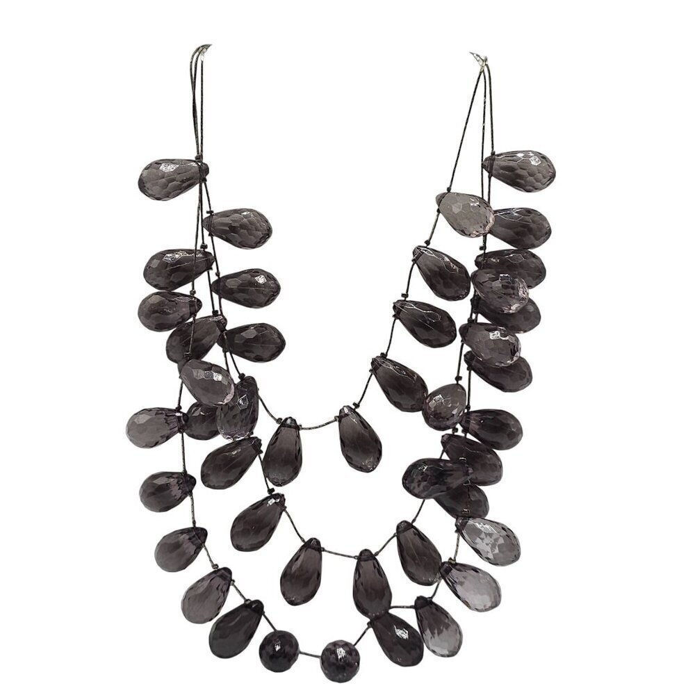 Layered Necklace With Faceted Gray Teardrop Beads Adjustable Chain